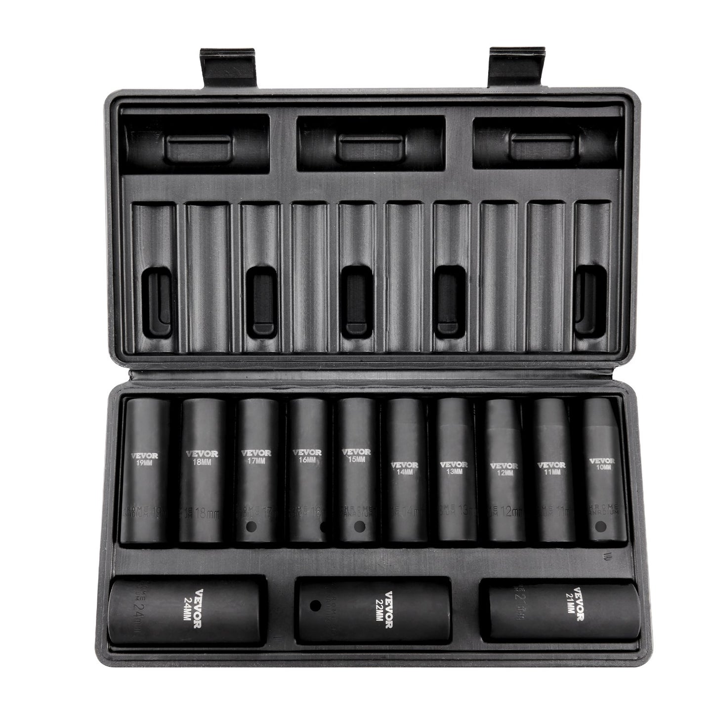 Drive Impact Socket Set, 13 Piece Deep Socket Set Metric 10-24mm, 6 Point CR-V Alloy Steel For Auto Repair, Easy-to-Read Size Markings, Rugged Construction, Includes Storage Case