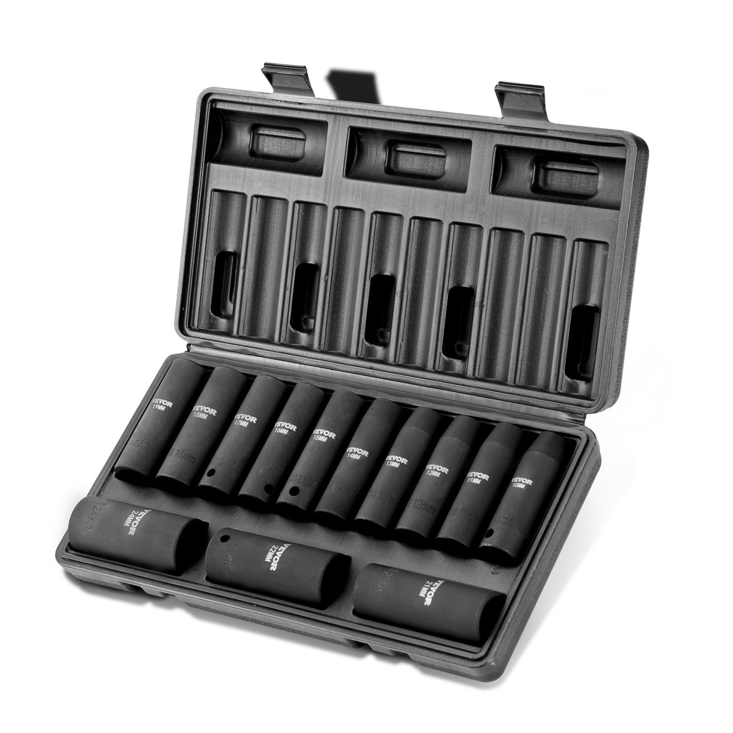 Drive Impact Socket Set, 13 Piece Deep Socket Set Metric 10-24mm, 6 Point CR-V Alloy Steel For Auto Repair, Easy-to-Read Size Markings, Rugged Construction, Includes Storage Case